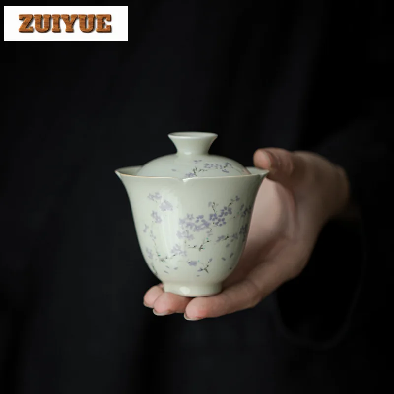 Plant Ash Blue Yingluo Cover Bowl Household Ceramic Tea Cup Anti Scald Gaiwan Luxury Tea Tureen Making Drinkware Gifts 120ml