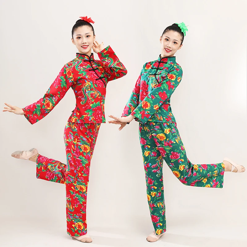 China Northeast Printed Village Girl Errenzhuan Performance Dress Funny Square Dance Yangge Costume Ethnic Top Pants Suit
