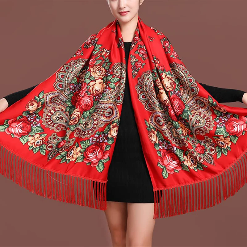 Frauen Luxus Floral Bedruckte Russische Schal Ukrainische Fransen Schals Babuschka Taschentuch Kopf Wraps Reise Schal – Detail 2