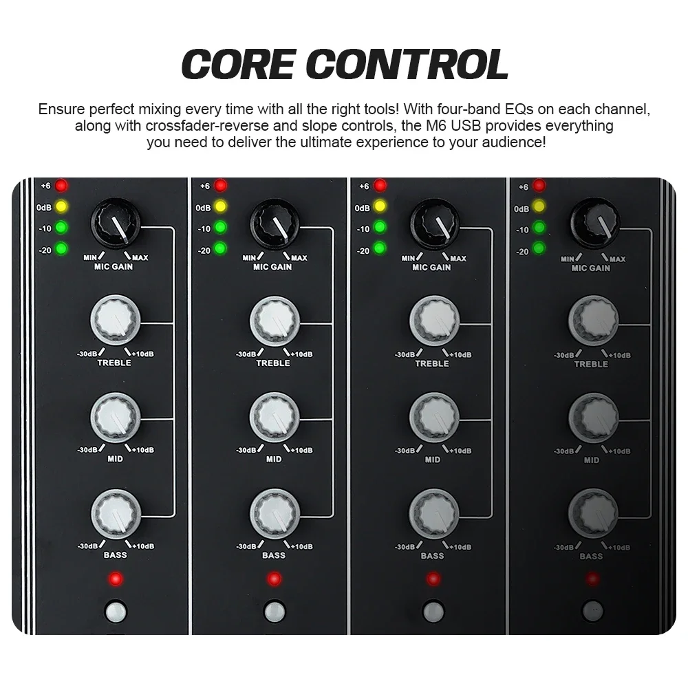 M6 USB 4-Channel Scratch DJ Mixer with Built-In Audio Interface 3-Band EQ Microphone Input and Replaceable Crossfader DGNOG