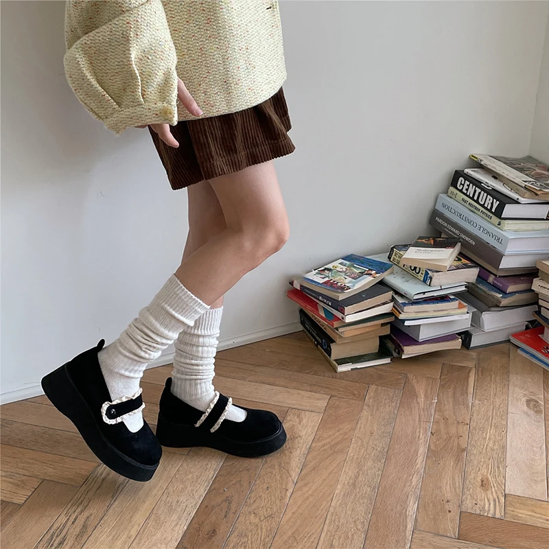 Cozy Wool Knee-Length Stacked Socks - Thick Coffee Colored Winter Warmth