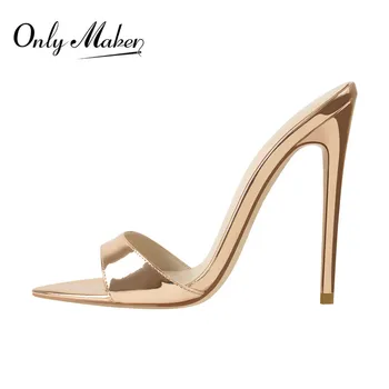 Onlymaker Women Peep Toe Mules Gold Slip On Thin High Sandals Big Size Classic Fashion Lady Sandals