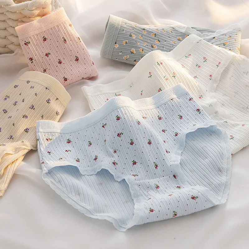

Cartoon Flower Floral Pattern Cotton Panties Women Underwear Cute Blue Pink Girls Panties Checked Briefs Female Lingerie NK28