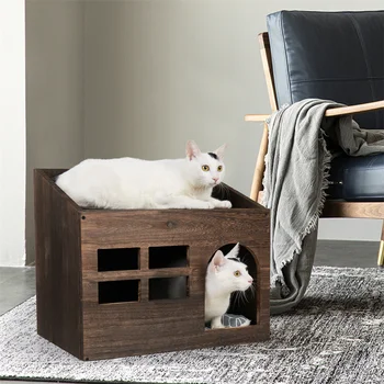 2 In 1 Wooden Cat House Puppy Rabbit Hideout Shelter Small Cat Pet End Table Furniture with Soft Washable Cushion Indoor Outdoor 3
