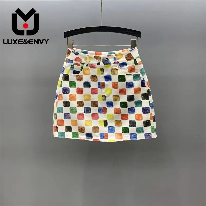 

LUXE&ENVY Printed Denim Skirt Women Summer 2023 New Color Plaid High Waisted Slim Casual A-line Buttocks Short Skirt