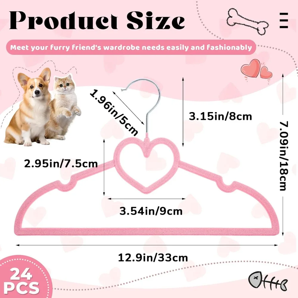 24 Pcs Dog Clothes Hangers 13'' Non-Slip & 360° Swivel Pink Velvet Pet Hangers for Dogs and Cats Rustproof Metal Hooks, Space-Sa