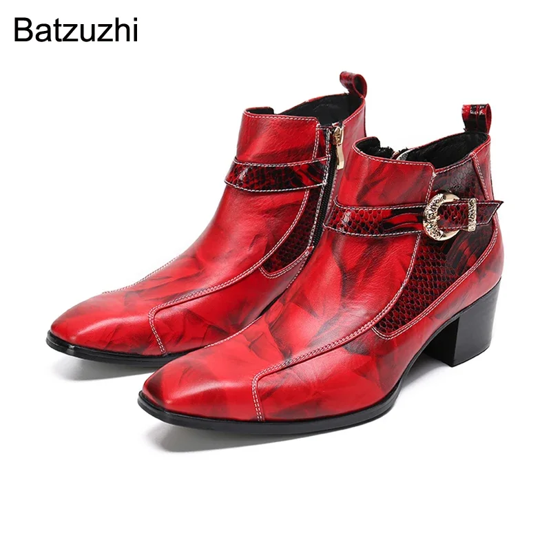 Batzuzhi 남성용 수제 부츠, 포인티드 토 하이힐, 가죽 앵클 부츠, 버클 레드 파티, 웨딩 보타스 옴브레, 사이즈 38-47