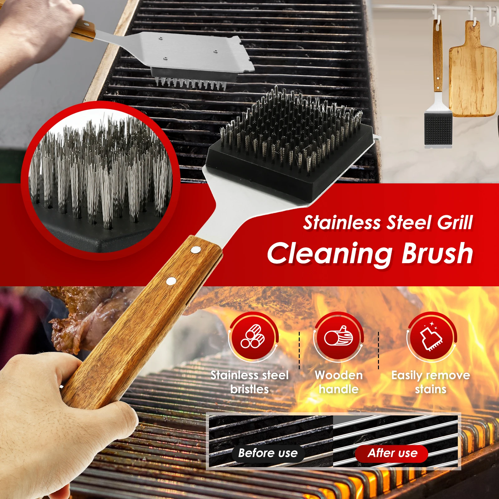 Stainless Steel BBQ Grill Cleaning Brush Set with Long Handle