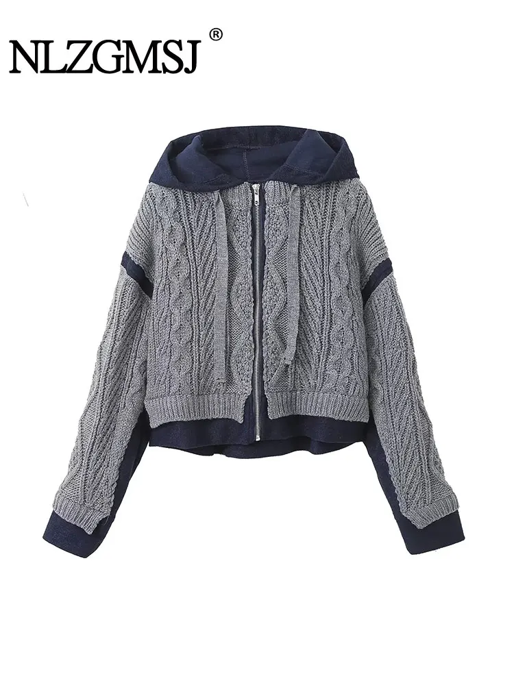 

TRAF 2024 Autumn Winter Lazy Style Color Contrast Patchwork Knitted Sweater Cardigan Hooded Loose Commute Leisure Small Coat