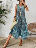 Summer print crew-neck sleeveless dress for women  suitable for casual or beach wear for holiday and long holiday