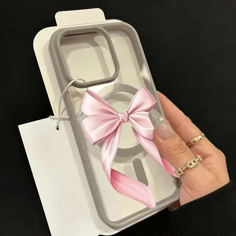 Pink Bow Pattern Magnetic Clear Wireless Charging Phone Case Cover