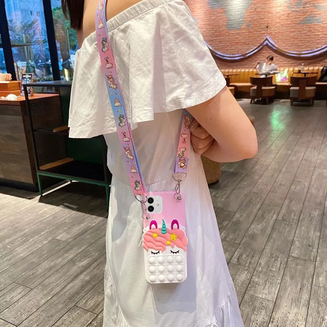 Unicorn 3D Cartoon Zipper Wallet Phone Case with Lanyard Strap and Bubble Design