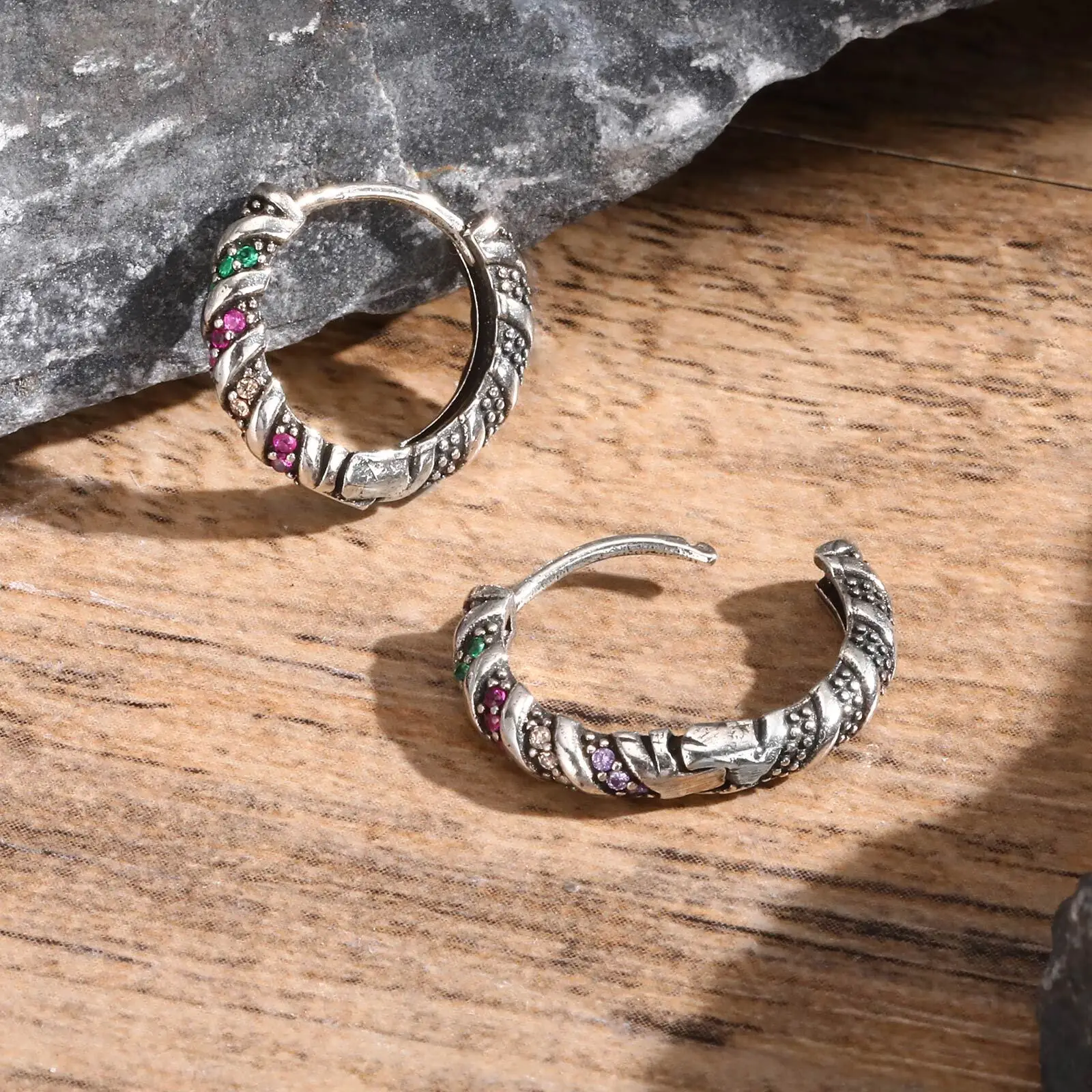 Colorful Zircon Hoop Earrings for Men Boys,Casual  Twist Metal Pierced Earrings,Punk Jewelry Gifts