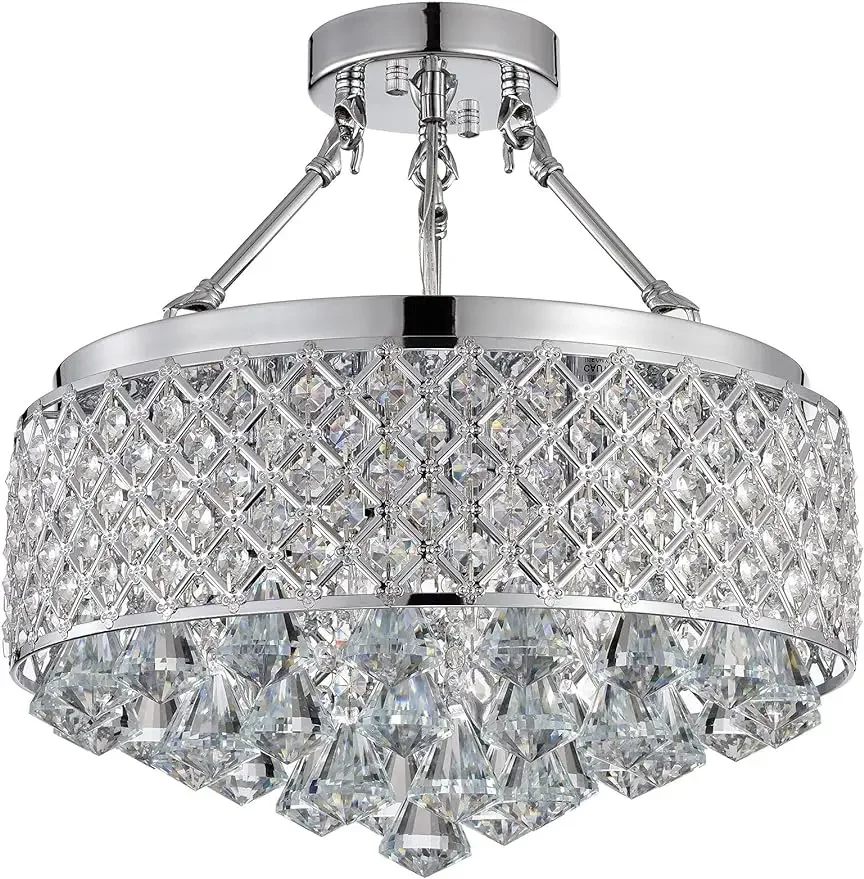 

Edvivi Marya Chrome Finish Round Metal Shade Crystal Chandelier Mount Ceiling Fixture for Bedroom, Hallway