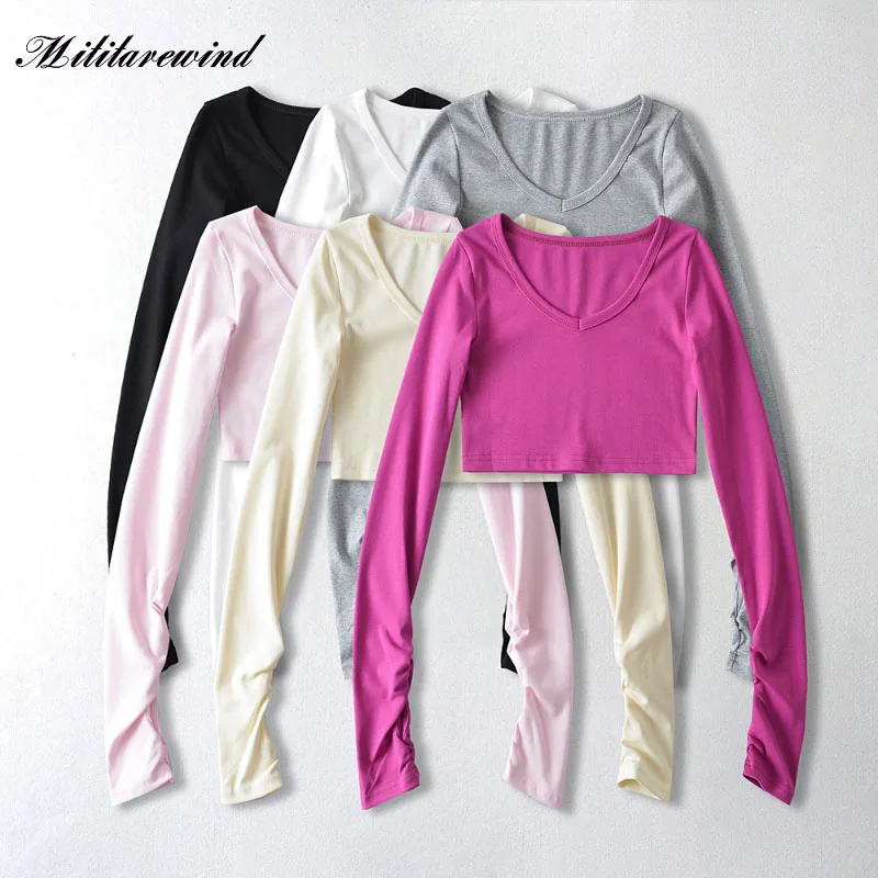 

2023 Spring Y2K Net Red Street Pat Bottom Shirt Casual Pleated V-neck Crop Top Women Sexy Slim Ropa Para Mujer New Trend