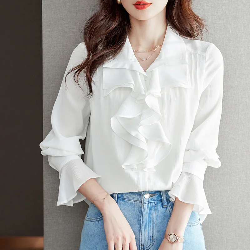 

Button Up Casual Loose Shirts Fashion Women Ruffles Long Sleeve Blouse Women White Elegant Tops Woman Clothes New 28768