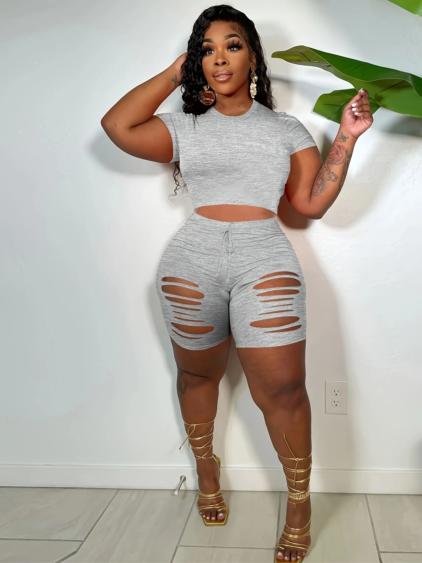 플러스 사이즈 단색 반팔 반바지 투피스 세트