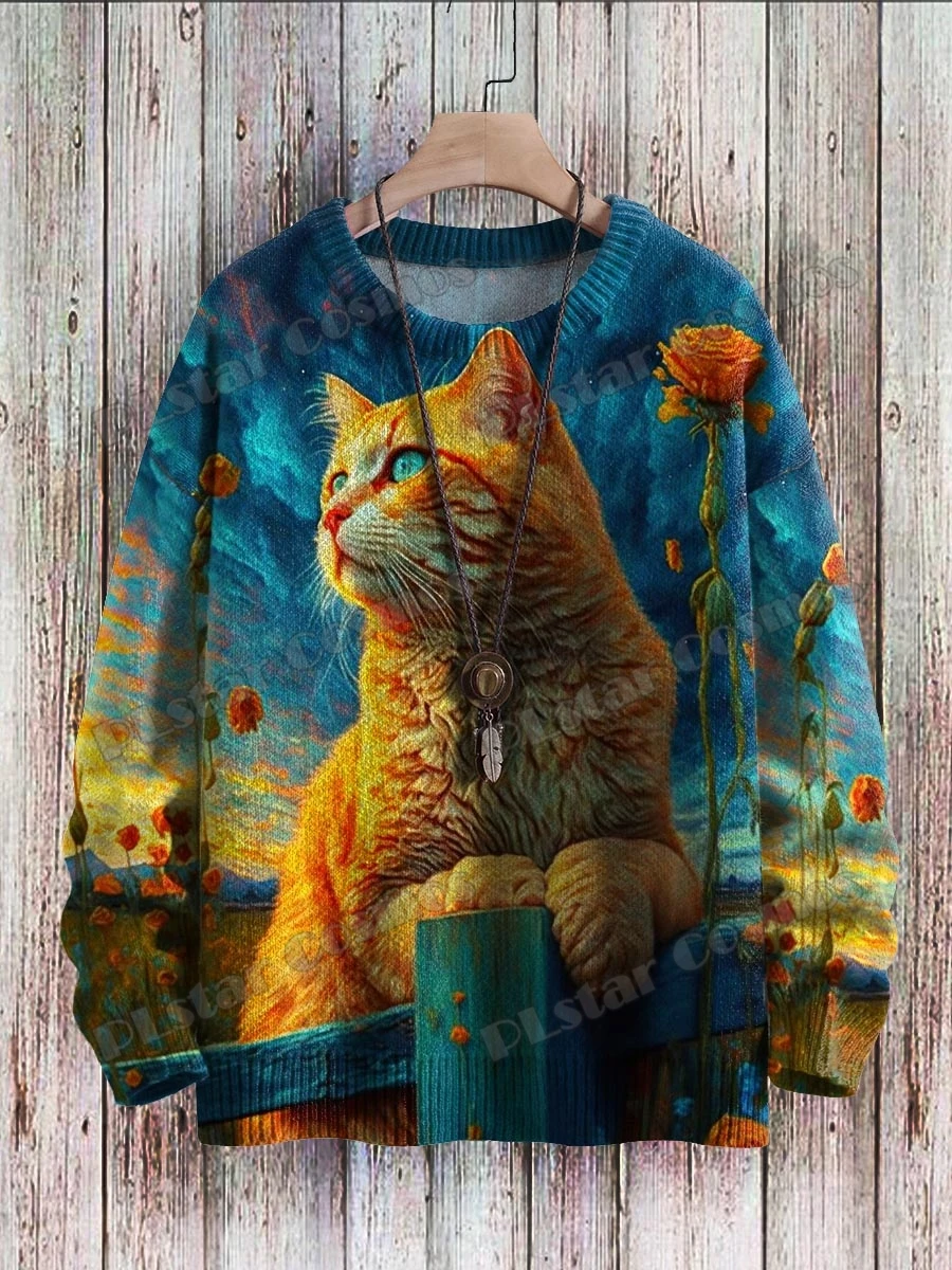 레트로 검은 고양이 눈 아트 패턴 3D 인쇄 남자 Crewneck 니트 풀오버 겨울 남여 캐주얼 니트 풀오버 스웨터 ZZM46