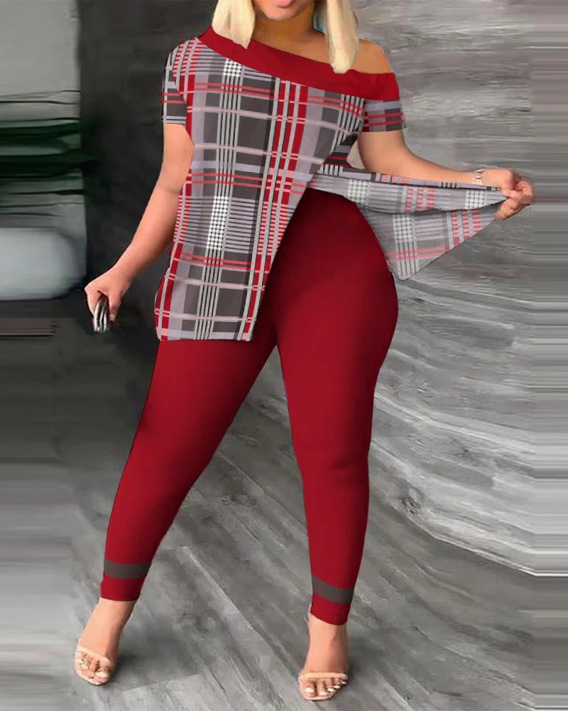Sexy Elegant Off The Shoulder Short Sleeved Split Top Printed Pants Set Womens Two Piece Sets Outfit New Fashion 2024 Summer