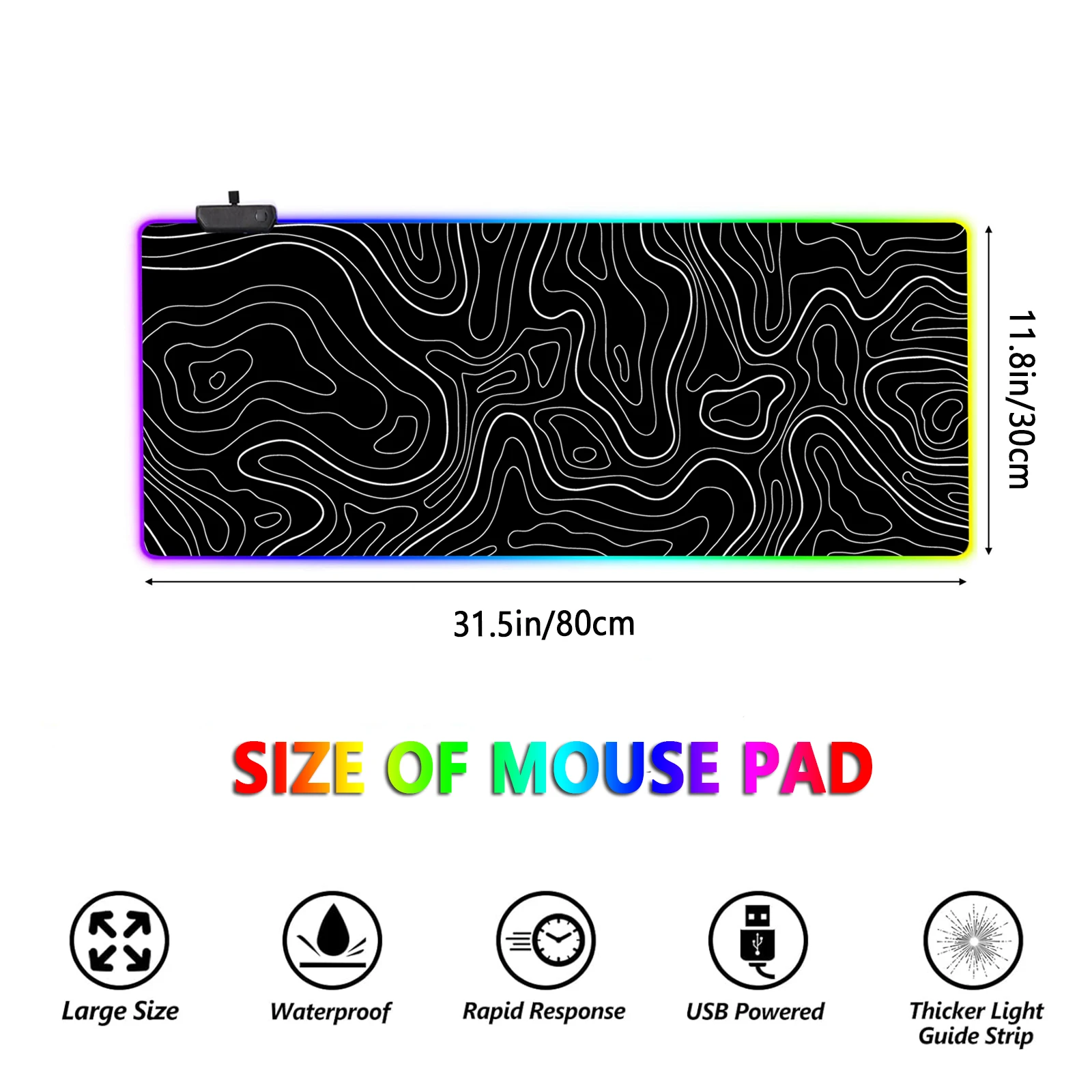 RGB Light Mouse Pad Topographic Black and White Pattern Gaming - Button Control Extended Keyboard Mat Non-Slip Rubber Base 5