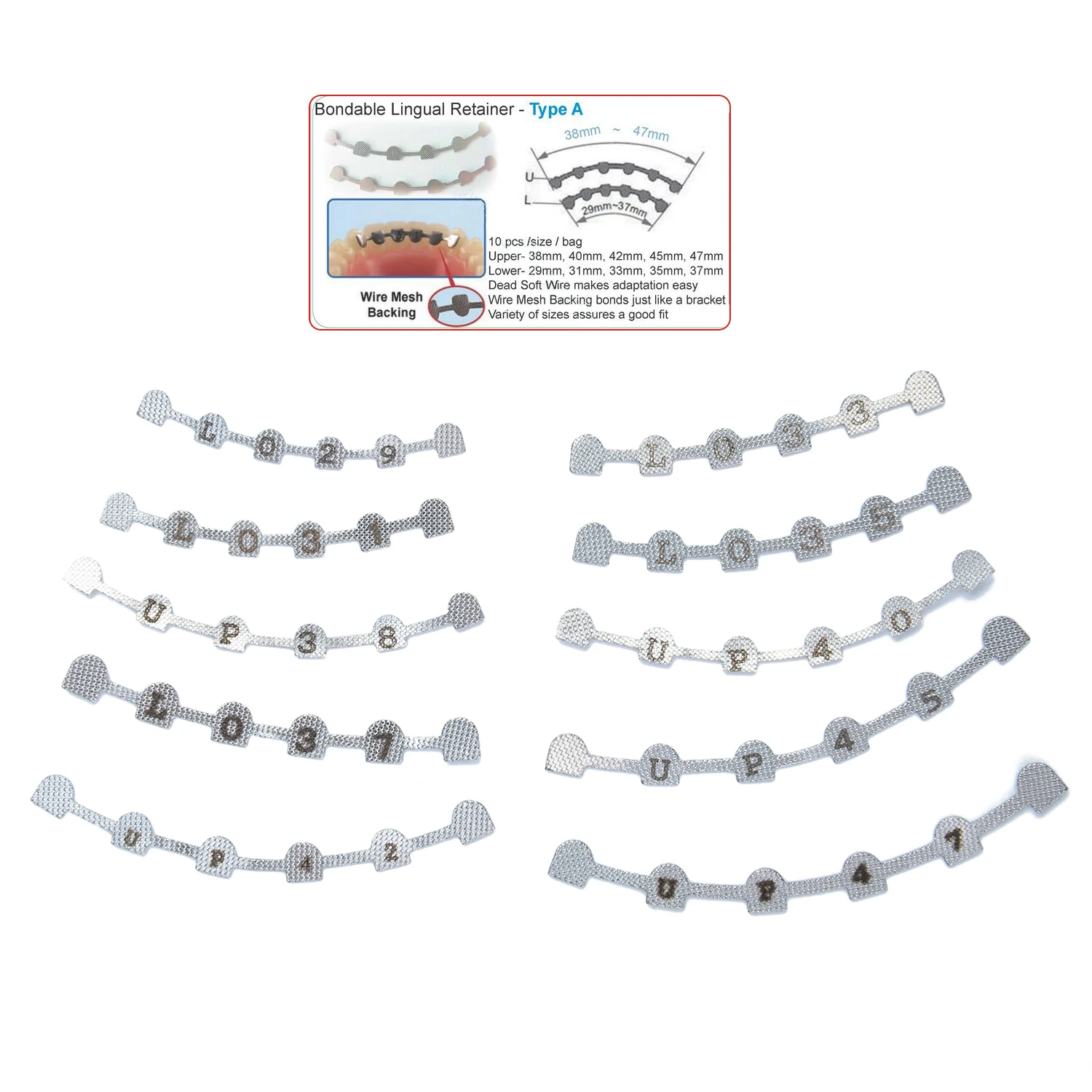 10 Stück/Packung AZDENT Dental Kieferorthopädischer Lingualer Retainer mit Lasermarkierung U38 # -47 # Oberes L29 # -37 # Niedriger – Detail 2