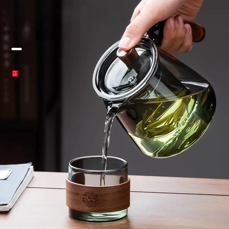 GIANXI Glass Tea Set Chinese Wooden Handle High Temperature Brewing Teapot Japanese Household Wooden Retro Glass Tray glass teapot tea brewing pot