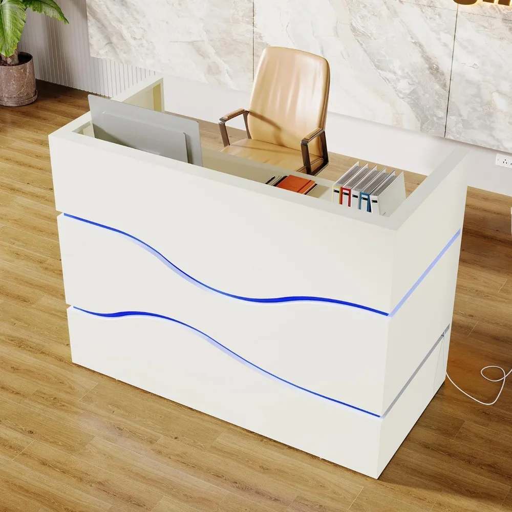Modern Reception Desk LED Lights, 55.12-Inch Modern Front Desk Reception Counter, Checkout Counter for Room, Lobby