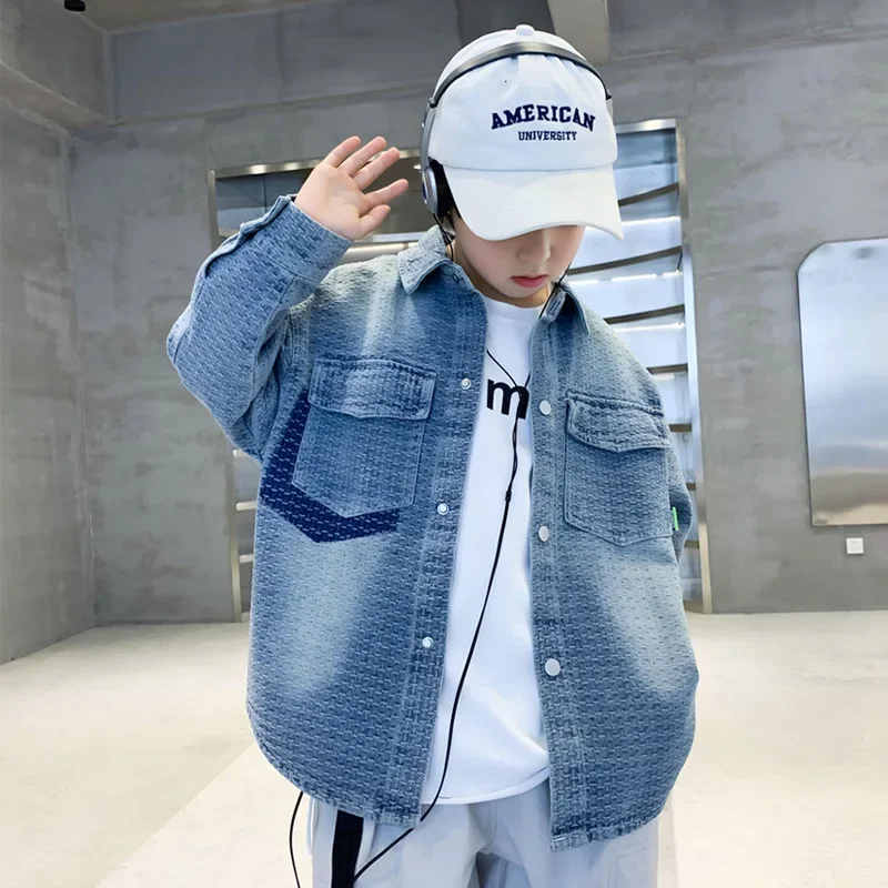 Loose Fit Boys Denim Shirt Jacket Spring Autumn Korean Style Children's Clothing Cool Trendy Top for Boys Toddler Kids