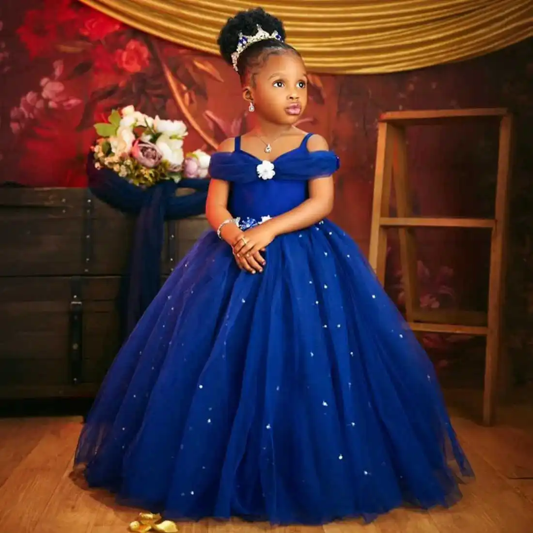 

Royal Blue Flower Girl Dresses For Wedding Beaded Tulle Toddler Girls Pageant Dress Kids Formal Wear