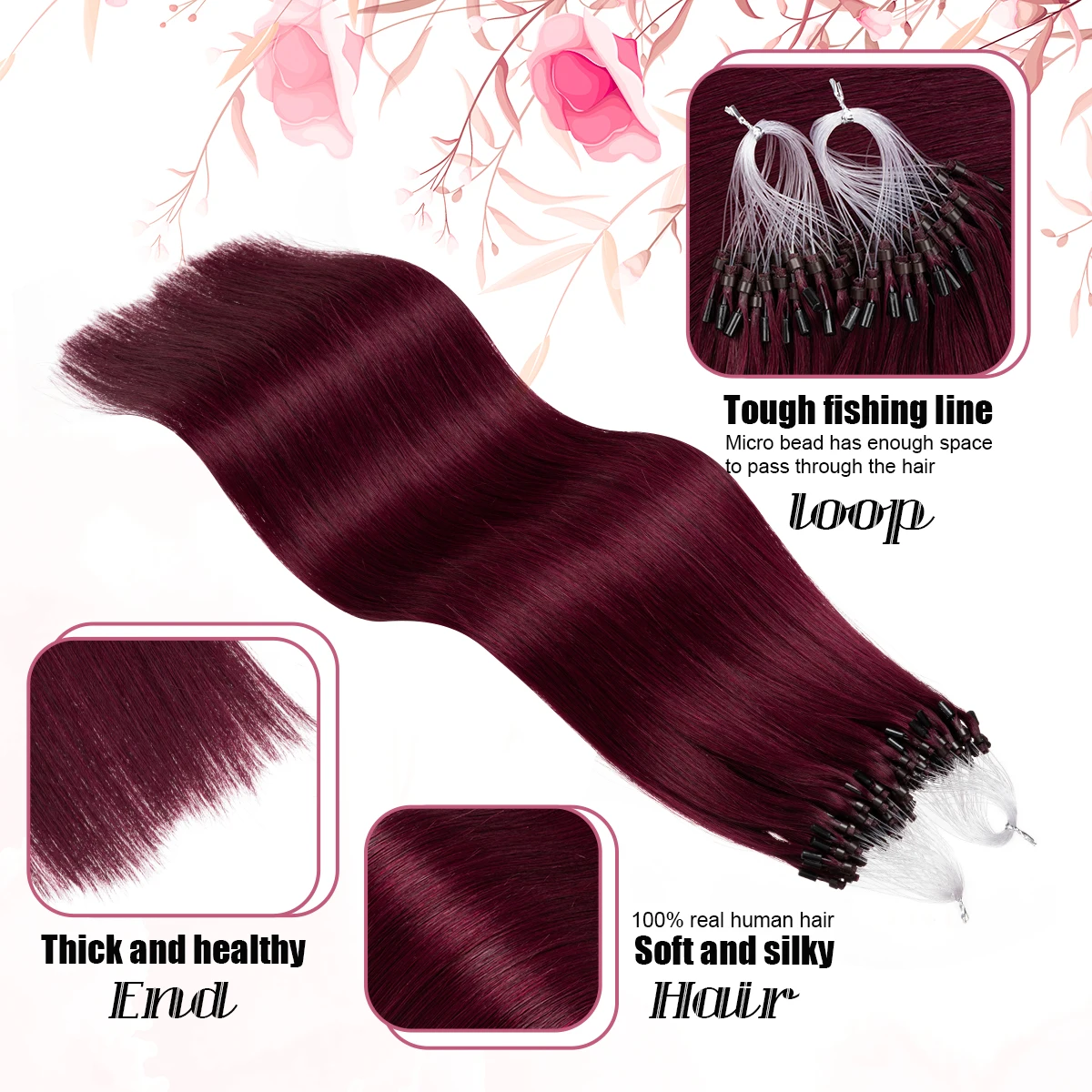 Senmy Micro Loop Human Hair Extensions Real Human Hair Micro Link #99J Wine Red Beads Extensions 1g/s 50g