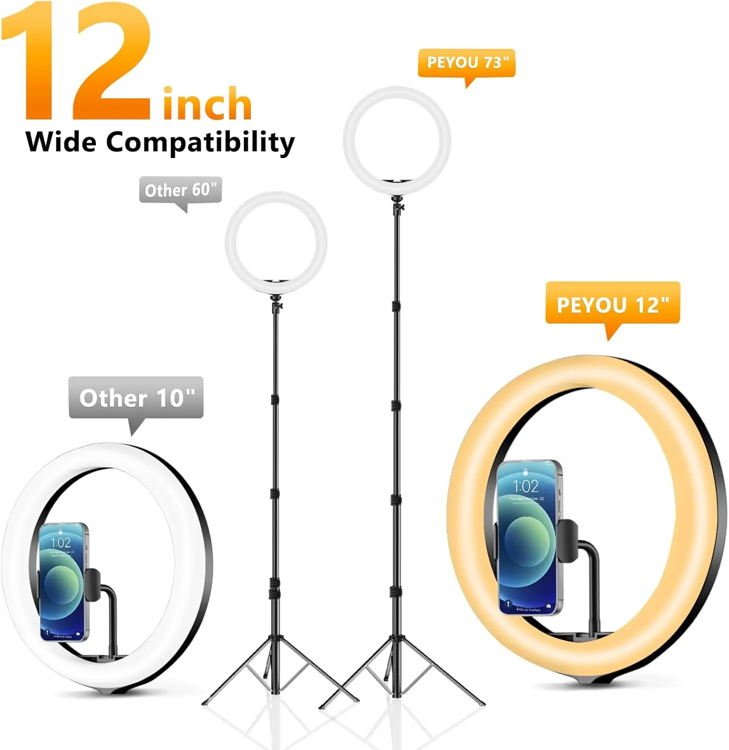 12" Selfie Ring Light with 73" Extendable Tripod Stand: Desk Selfie Lights 38 Color Modes, Upgrade 3 in 1 Dimmable Ad 3