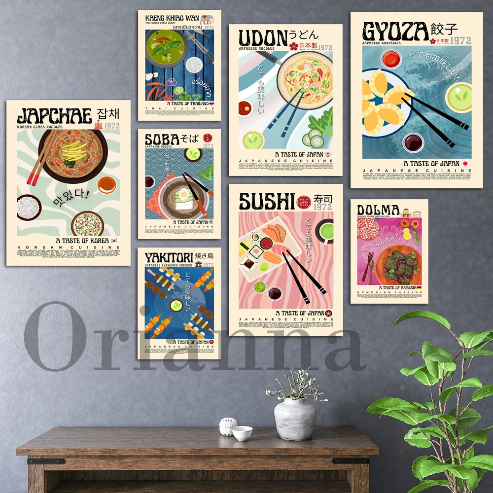 Poster Di Decorazioni Da Cucina Moderne, Stampa Di Cibo Asiatico, Dolma, Udon, Sushi, Japchae, Gyoza, Soba, Yakitori, Kaeng Khiao Wan, Regalo Di Arte 
