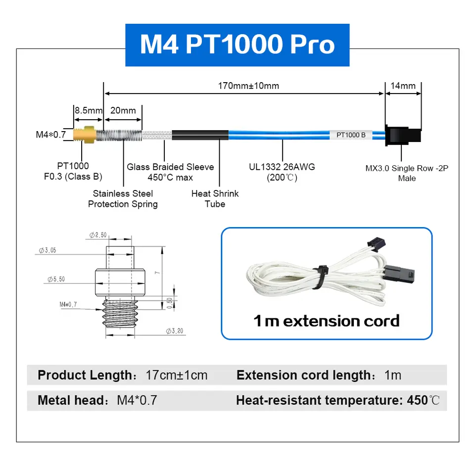 Trianglelab PT1000 Pro Thermistor Cartridge M3 M4 Screw Temperature Sensor High temPerature 450℃ 3D Printer image 3