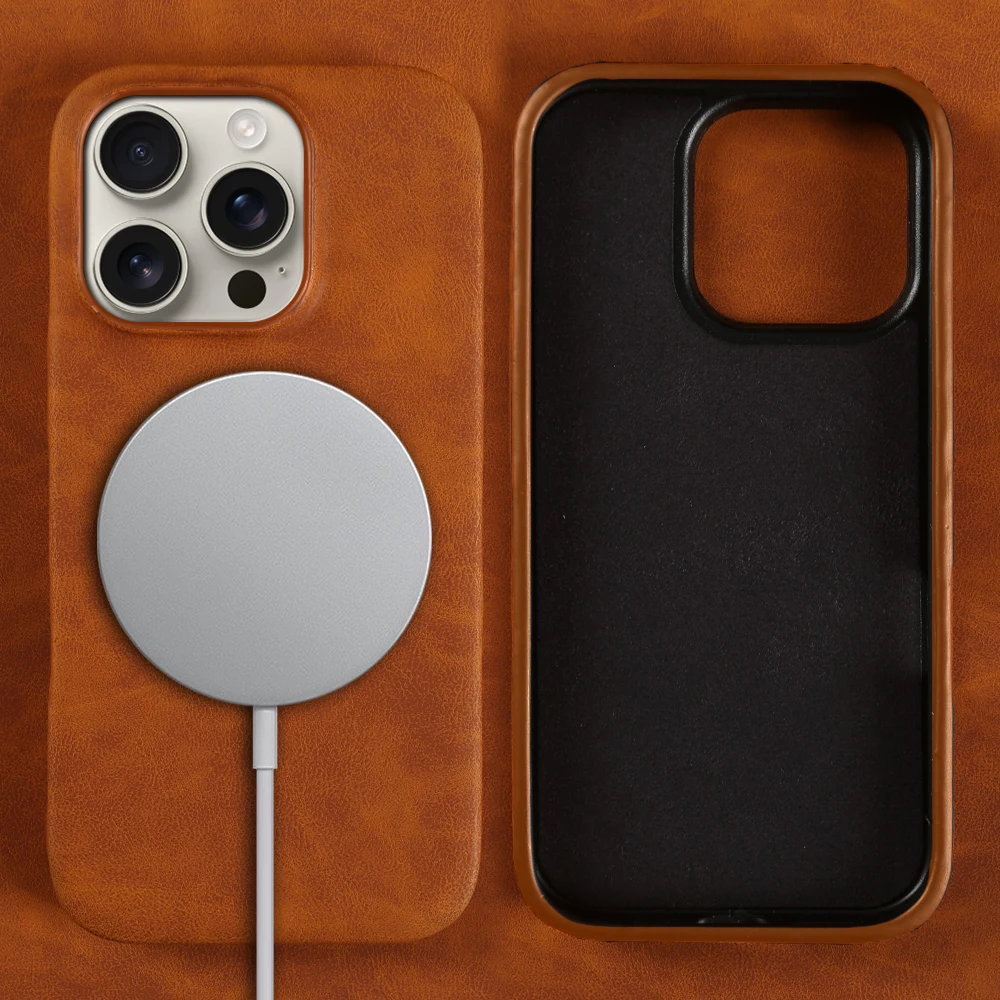 Elegant Retro Leather Magnetic Phone Case with Wireless Charging Capability