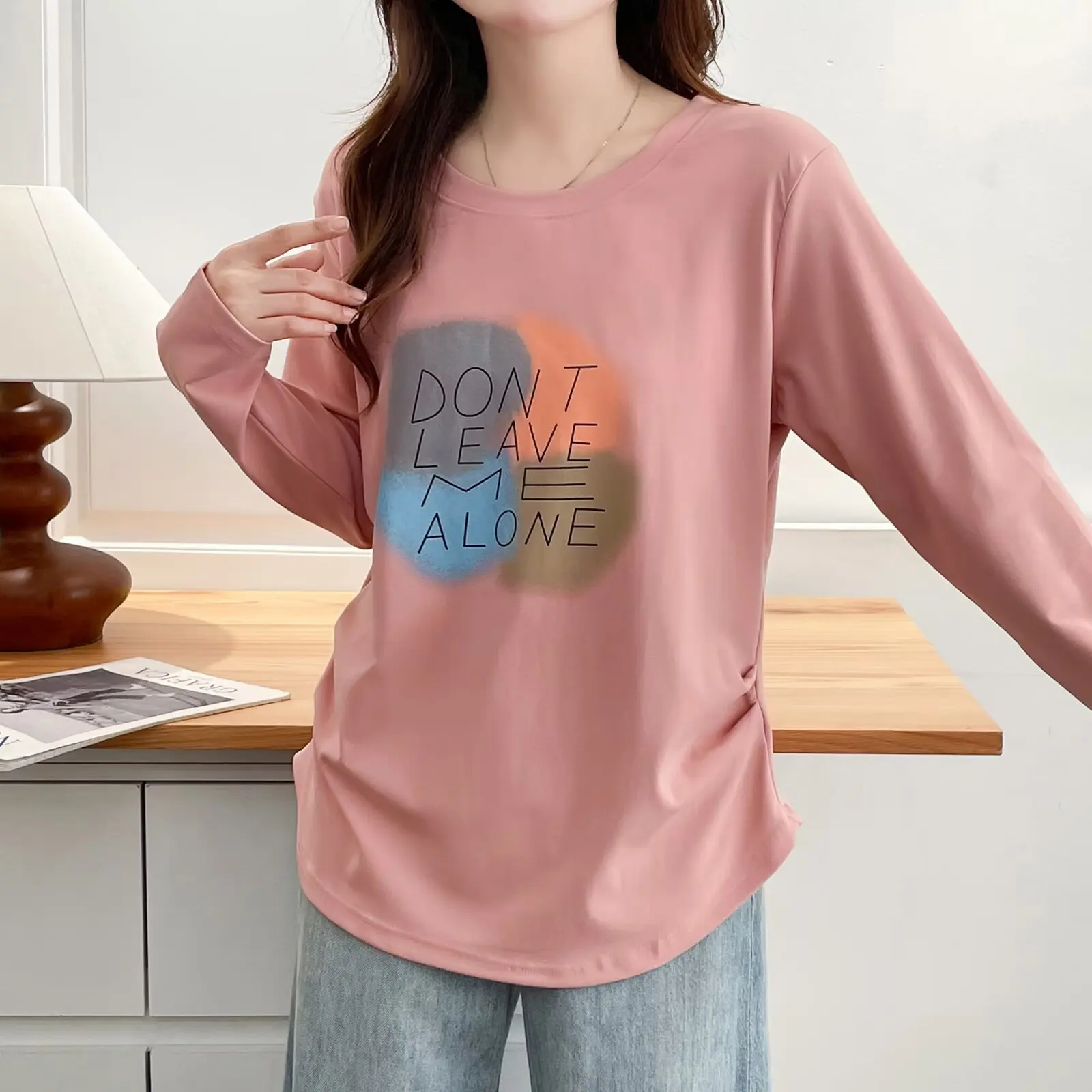 XXXXL Fashion Plus Size Women's T-Shirt Autumn New Simple Pleated Cinched Waist Printed Colorful Printed Long Sleeved Tops 8220