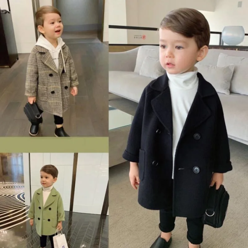 Spring Autumn Boys Jackets Child Girl Woolen Double-breasted Baby Trench Coat Lapel Kids Outerwear Winter Wool Overcoat