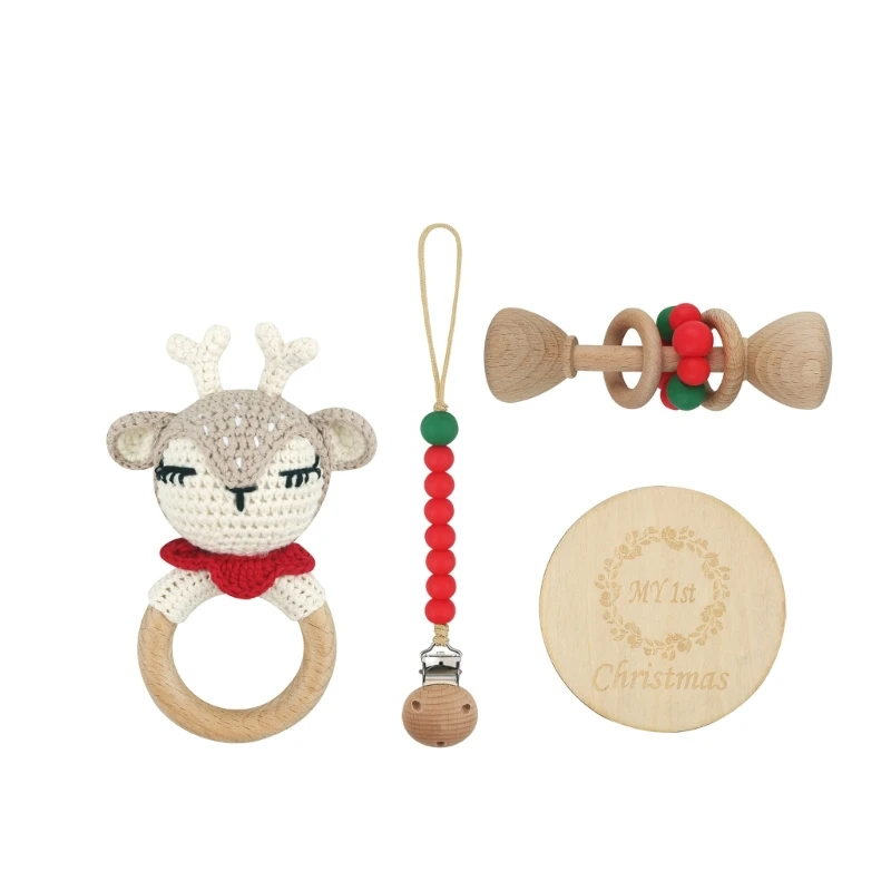 

Infant Gym Wood Toy Set Wood Rings Silicone Beads Rattle Baby Pacifier Clip Shower Gifts for Newborn Boys Girls