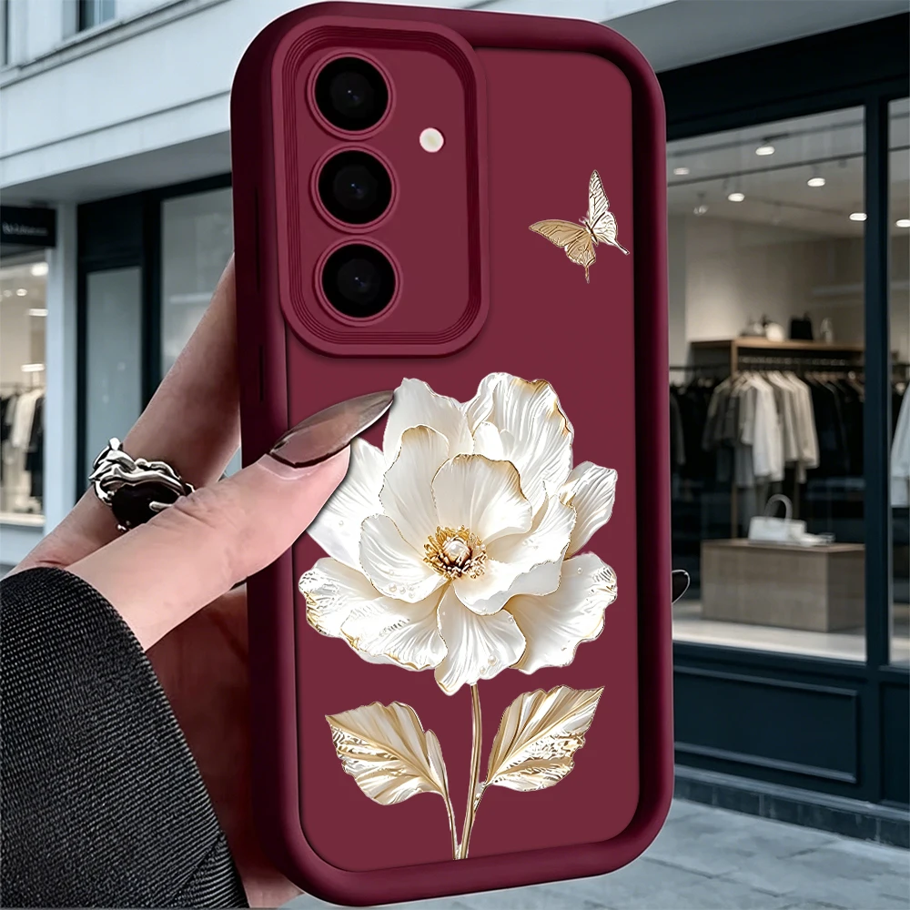Golden Flower Butterfly Shockproof Matte Soft TPU Case, Elegant Protective Back Cover