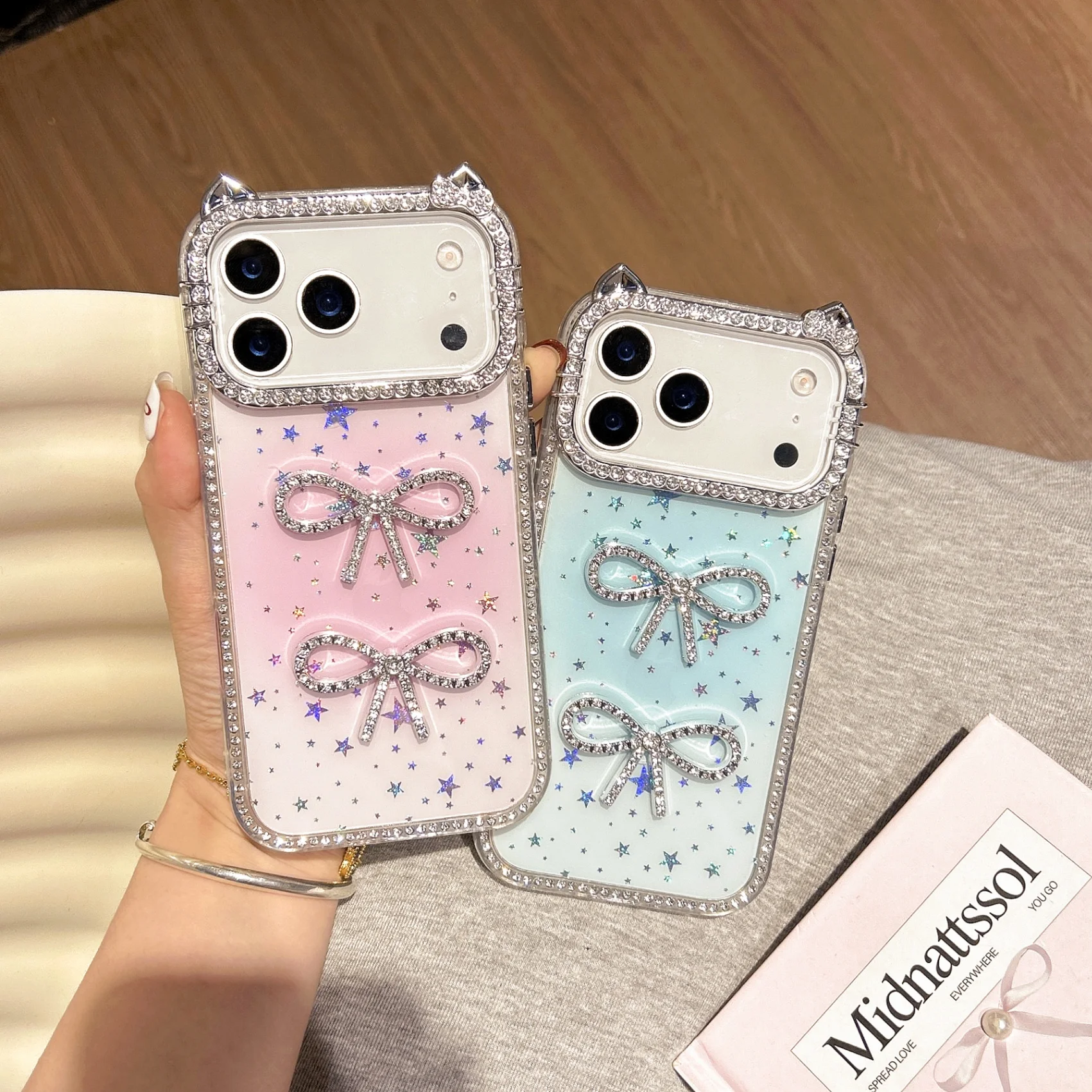 Cat Ears Epoxy Gypsy Flash Shiny Star Bow Phone Case with Diamonds