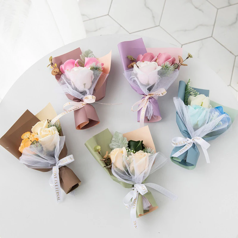 

3 Heads Artificial Rose Bouquet Hand Holding Soap Flower Mothers Day Gift Artificial Flower Gift Case Decoration Home Decor