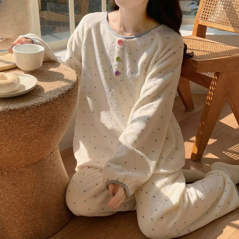 

2024 New Colorful Dots Milk Fiber Leisure Pullover Pajamas Women Coral Fleece Soft Skin-Friendly Homewear Suit Loose Sleepwear