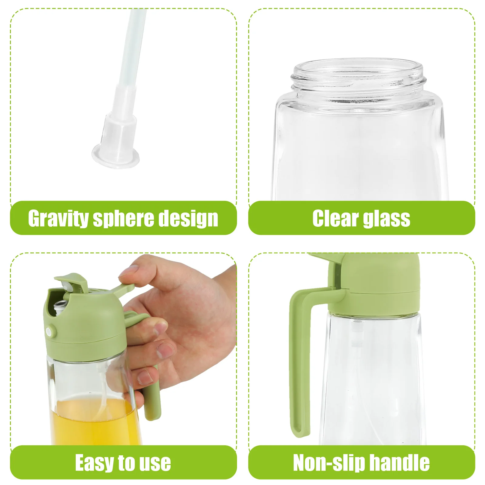 Olive Oil Dispenser Bottle 2 in 1 Clear Glass Oil Sprayer and Container 470ML Refillable Vinegar Dispenser with Automatic Cap