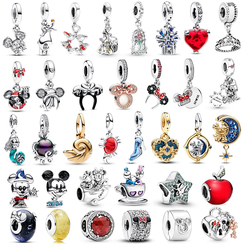 디즈니 드림 하트 매력 여성용 미니 마우스 실루엣 양면 펜던트 핏 오리지널 팔찌 쥬얼리, 인어 하트 DIY 선물 