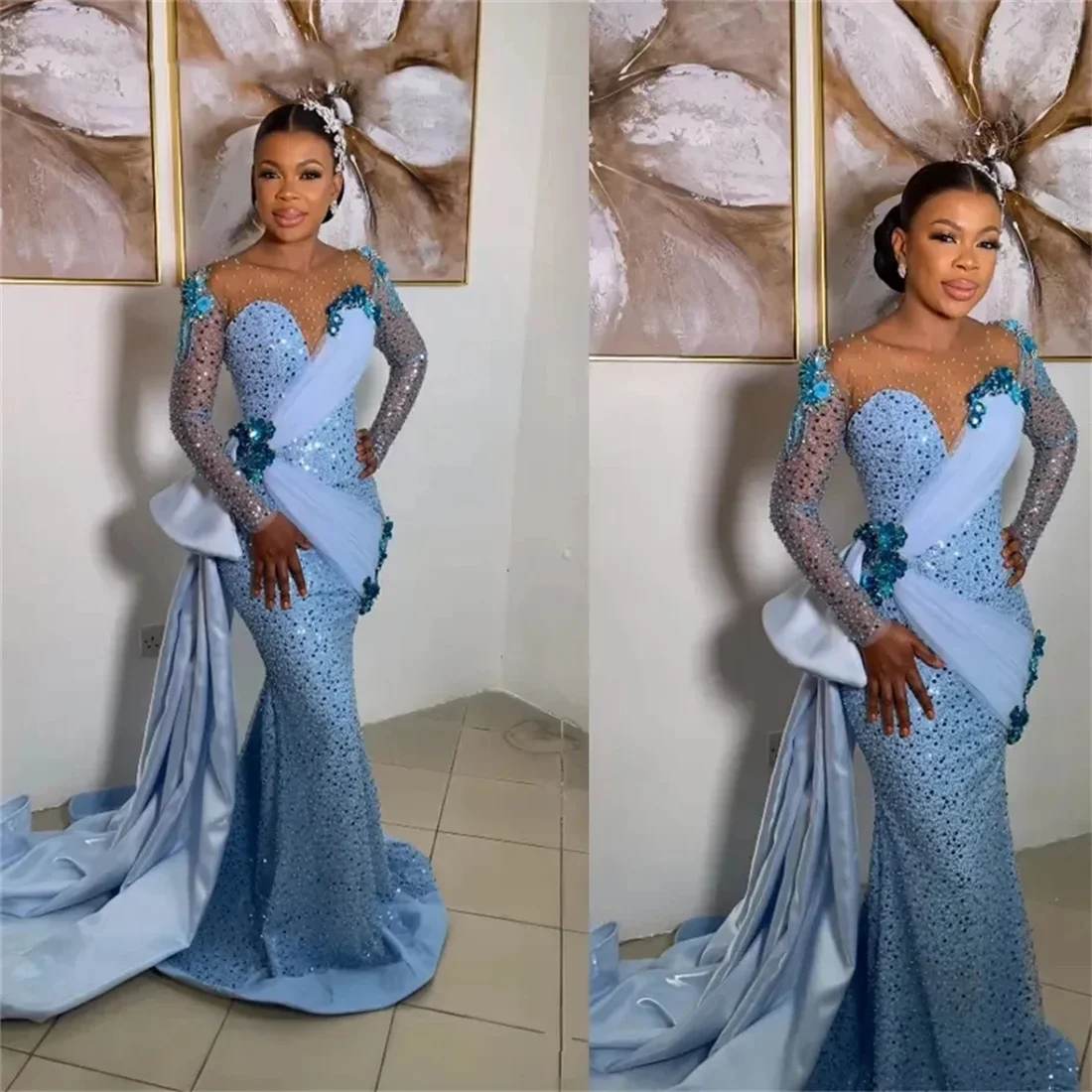 

Modest Aso ebi Light Blue Prom Dresses Lace Appliques Sequined African Formal Occasion Dress Side Train Nigerian Evening Gowns