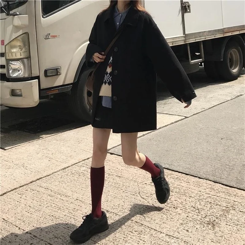 Wool Blends Coats Women Loose Winter Students Solid Simple All-match Warm Soft Casual Trendy Chic Fall Clothes for  Ins