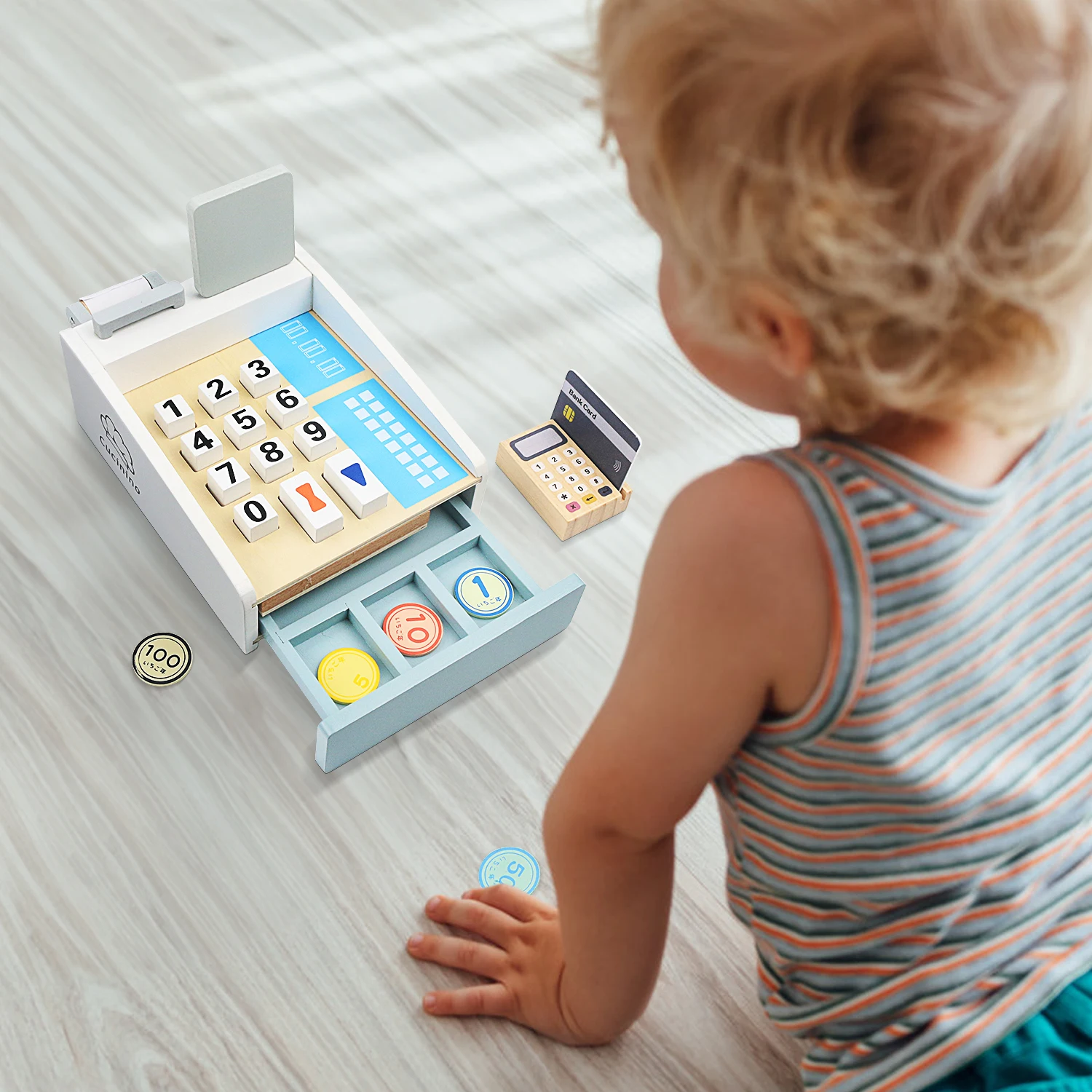 Children's wooden simulation home toys, wooden simulation cash registers, POS machines, bank cards, and parent-child interaction