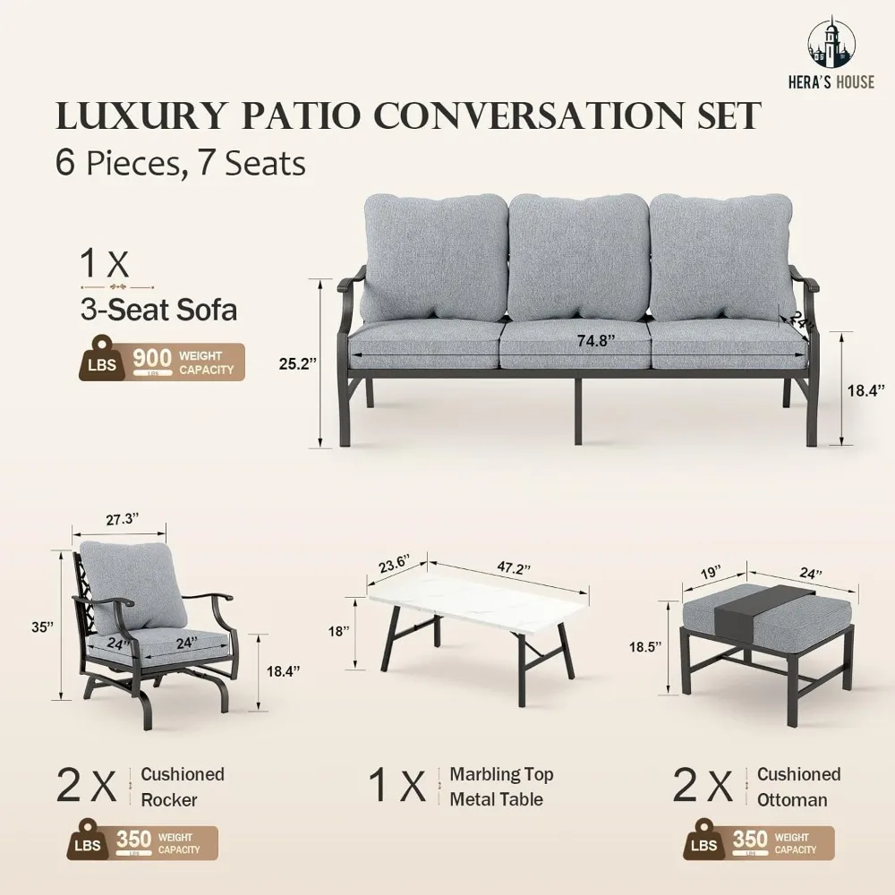 6 Piece Patio Furniture Set, 2 X Rocking Cushioned Chair, 2 X Cushioned Ottoman, 1 X 3-Seat Sofa with Marbling Coffee Table 6