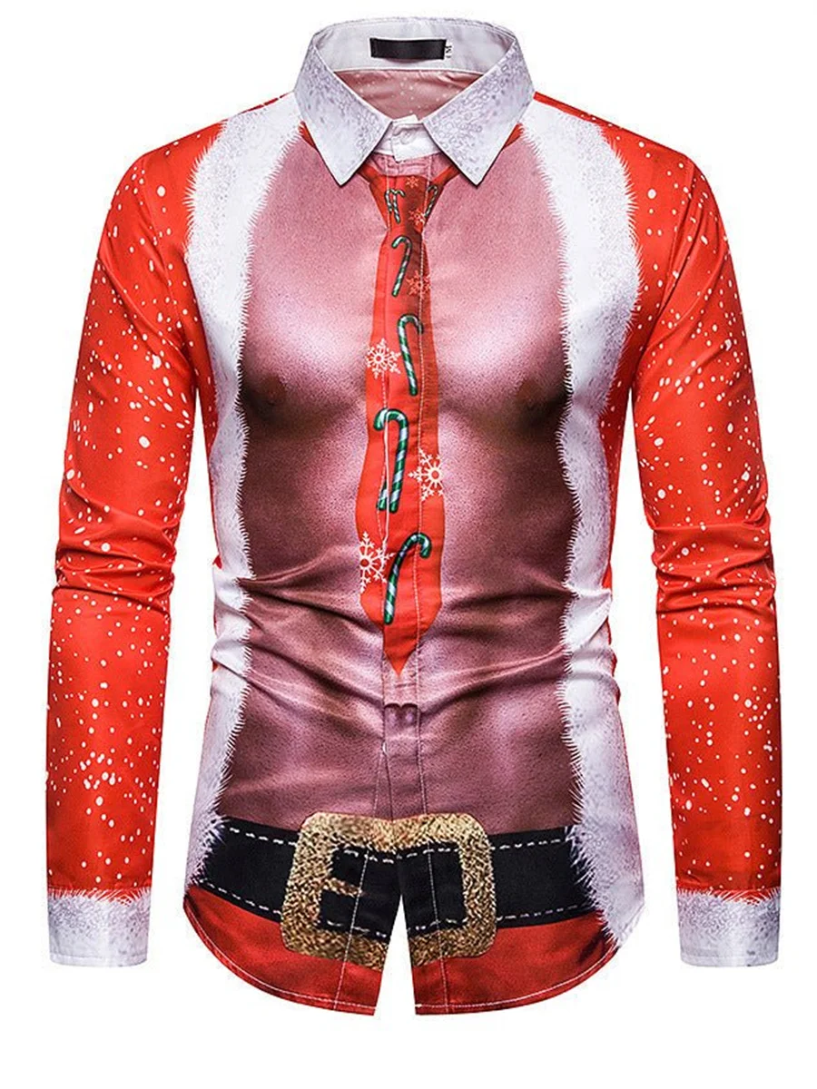 Autumn and Winter Christmas Shirt Long Sleeve Button Suit Lapel Hip Hop Funny Fashion Outdoor Party Men's Christmas Top