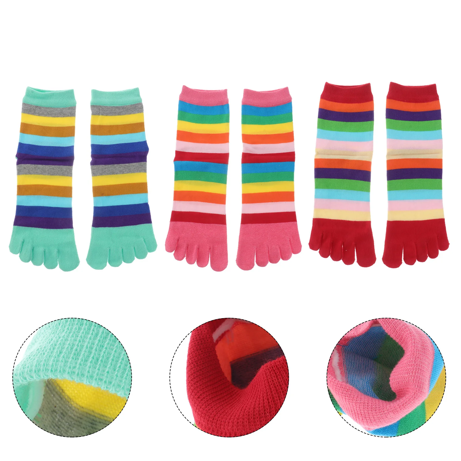 

3 Pairs Colorful Strip Cotton Five-toe Socks Sweat Absorbing Breathable Tube Toe Socks for Women Girls