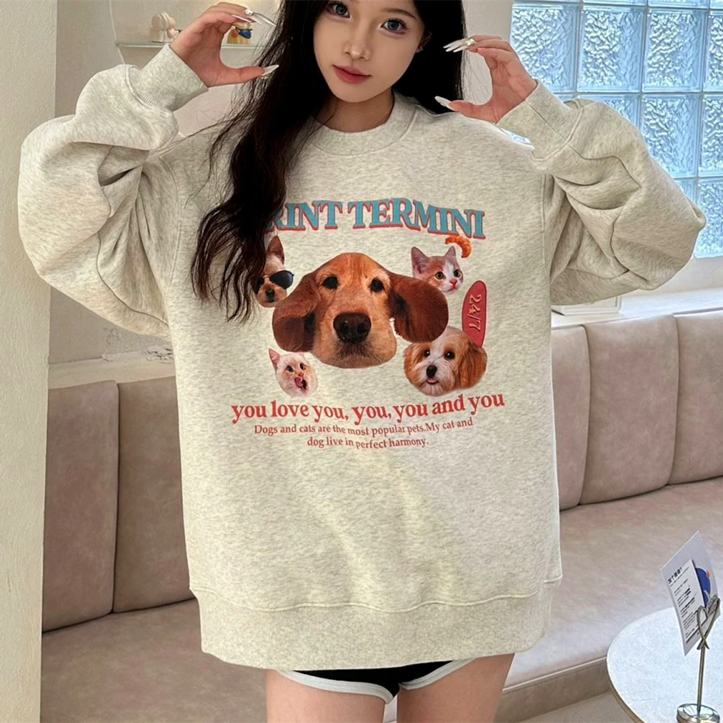 

High Quality Gray Cotton Oversized Sweatshirt American Funny Dog Printed Long Sleeve Tops Hip Hop Unisex Winter Clothes Harajuku